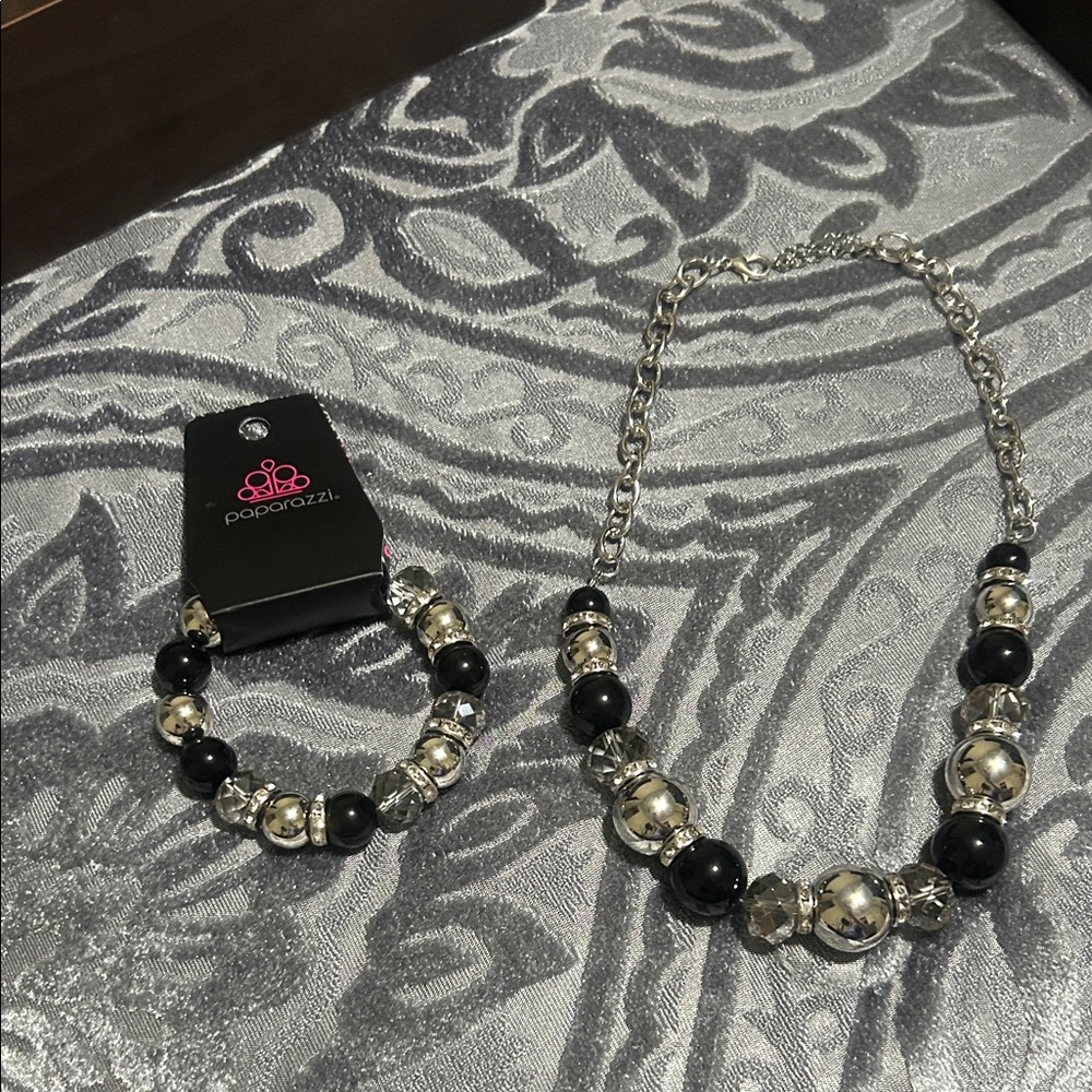 paparazzi Black and Silver Beaded Necklace with Matching Bracelet